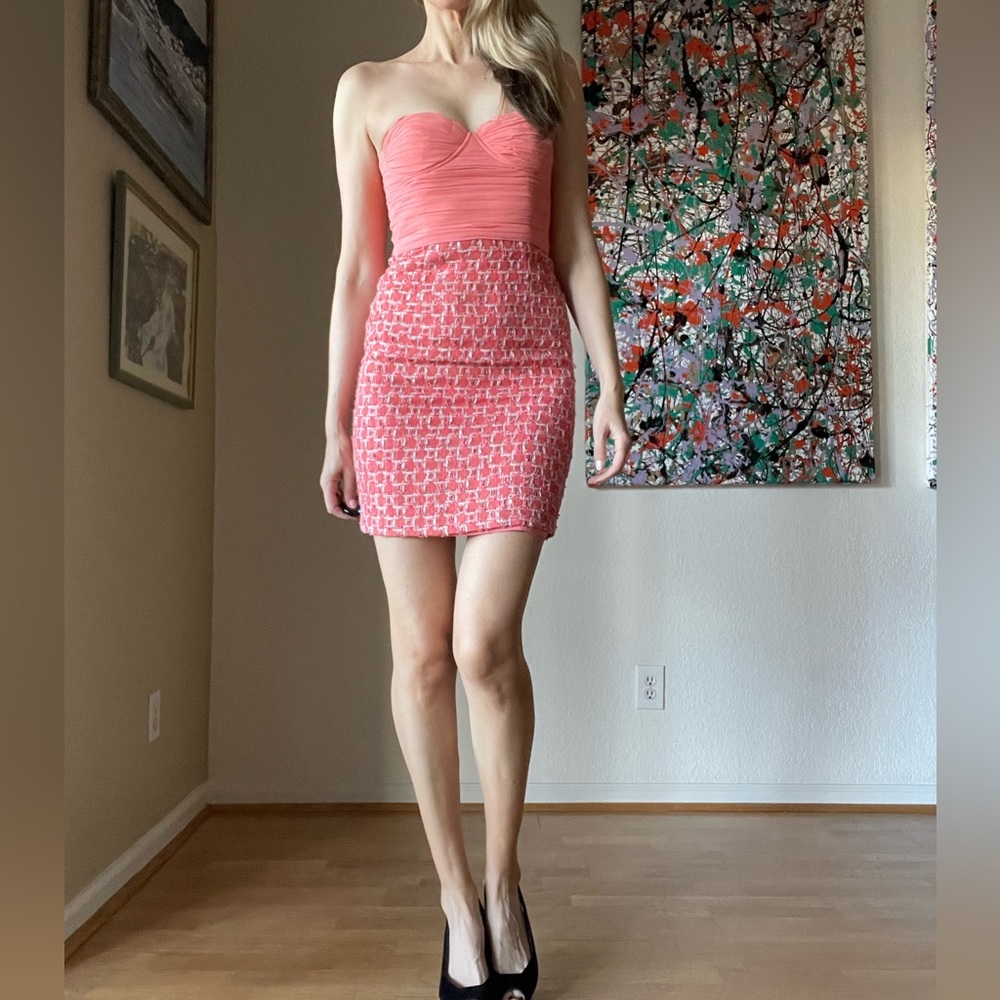 Alice + Olivia Salmon Tweed Strapless Dress